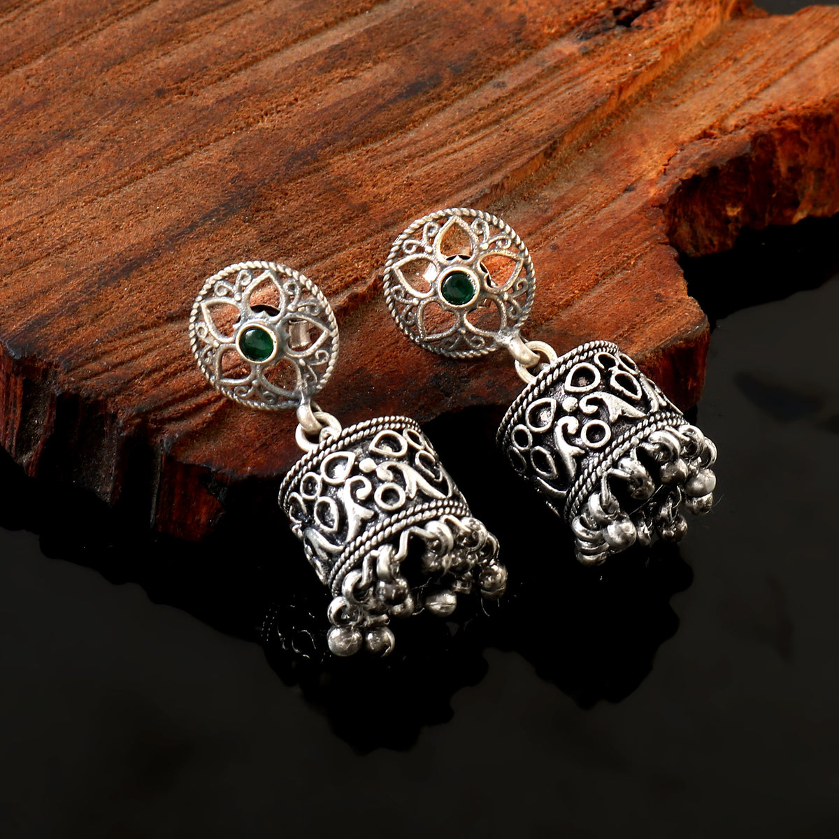 Oxidized 92.5 silver Jhumka threaded with silver balls