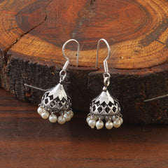 Oxidized 92.5 silver earring Jhumka threaded with natural pearls