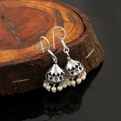 Oxidized 92.5 silver earring Jhumka threaded with natural pearls