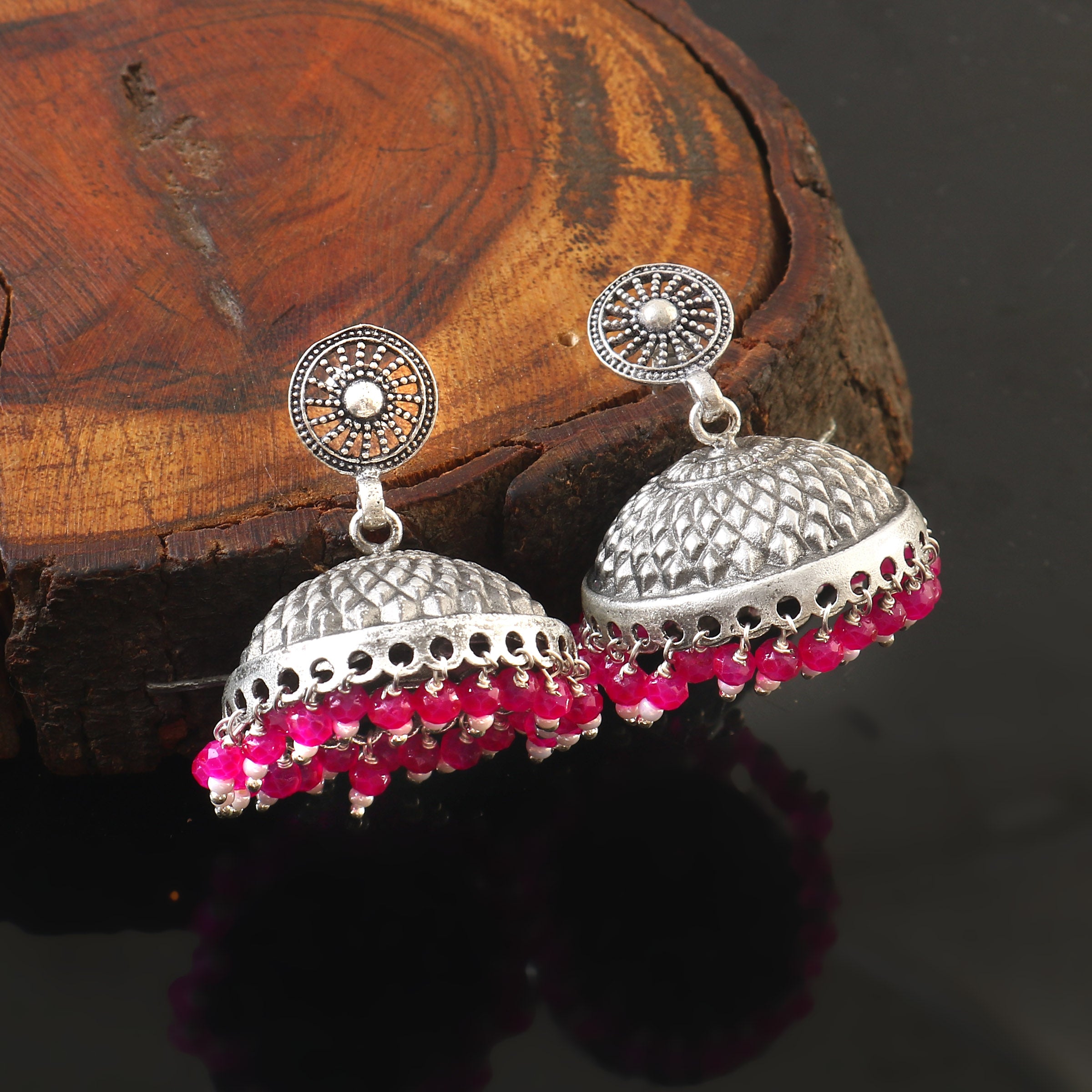 Oxidized 92.5 silver Jhumka threaded with natural coloured pearls