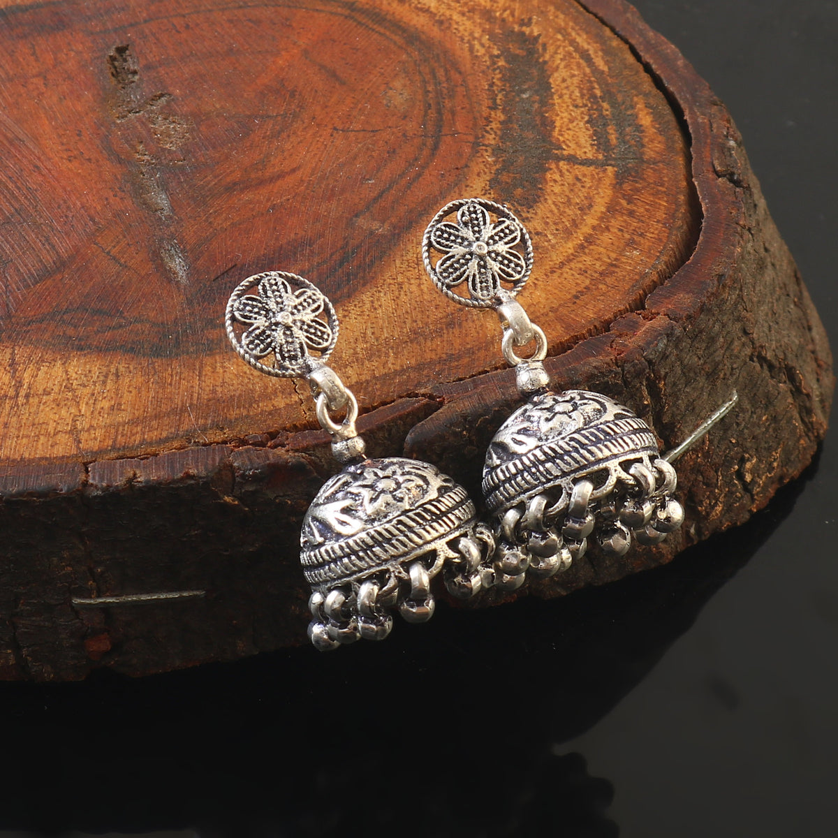 Oxidized 92.5 silver earring jhumka with silver balls