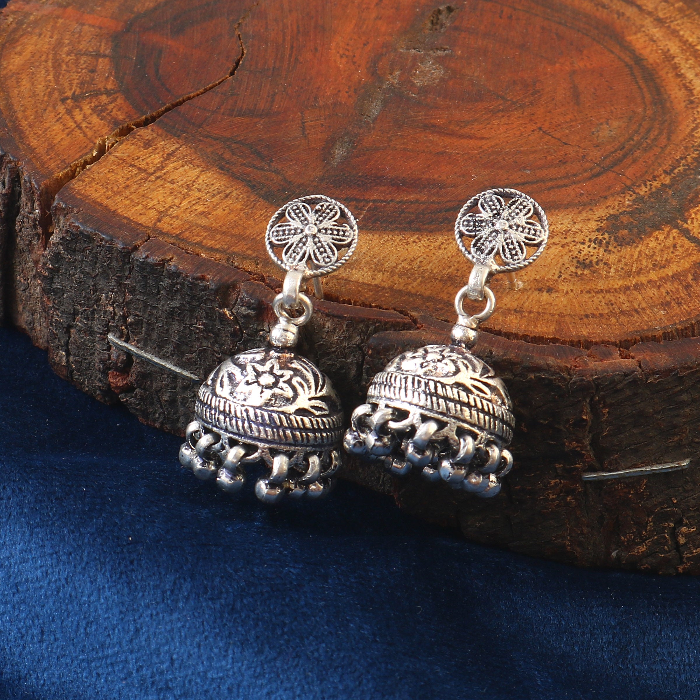 Oxidized 92.5 silver Jhumka with silver balls