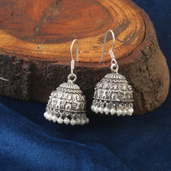 Oxidized 92.5 silver Jhumka  threaded with natural pearls