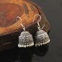 Oxidized 92.5 silver Jhumka  threaded with natural pearls