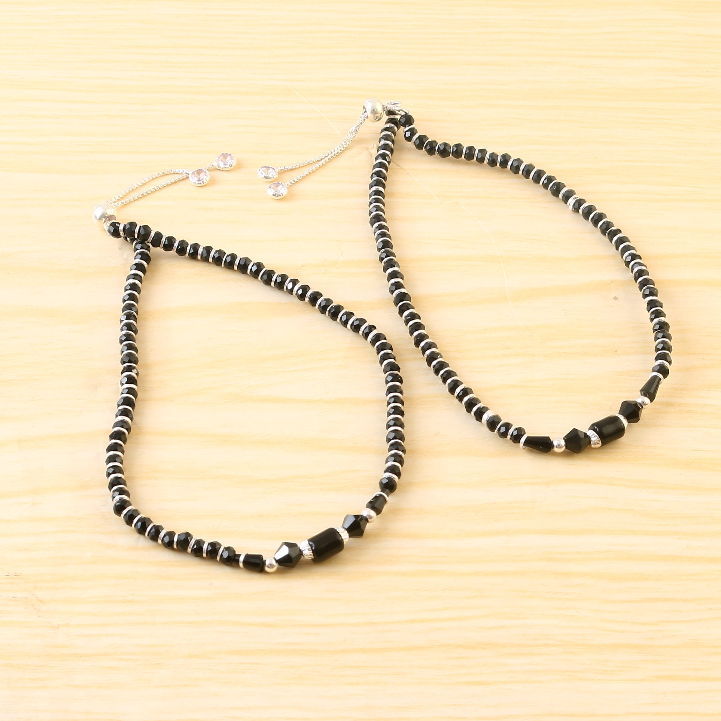 Black Beads Adjustable Anklets in Silver