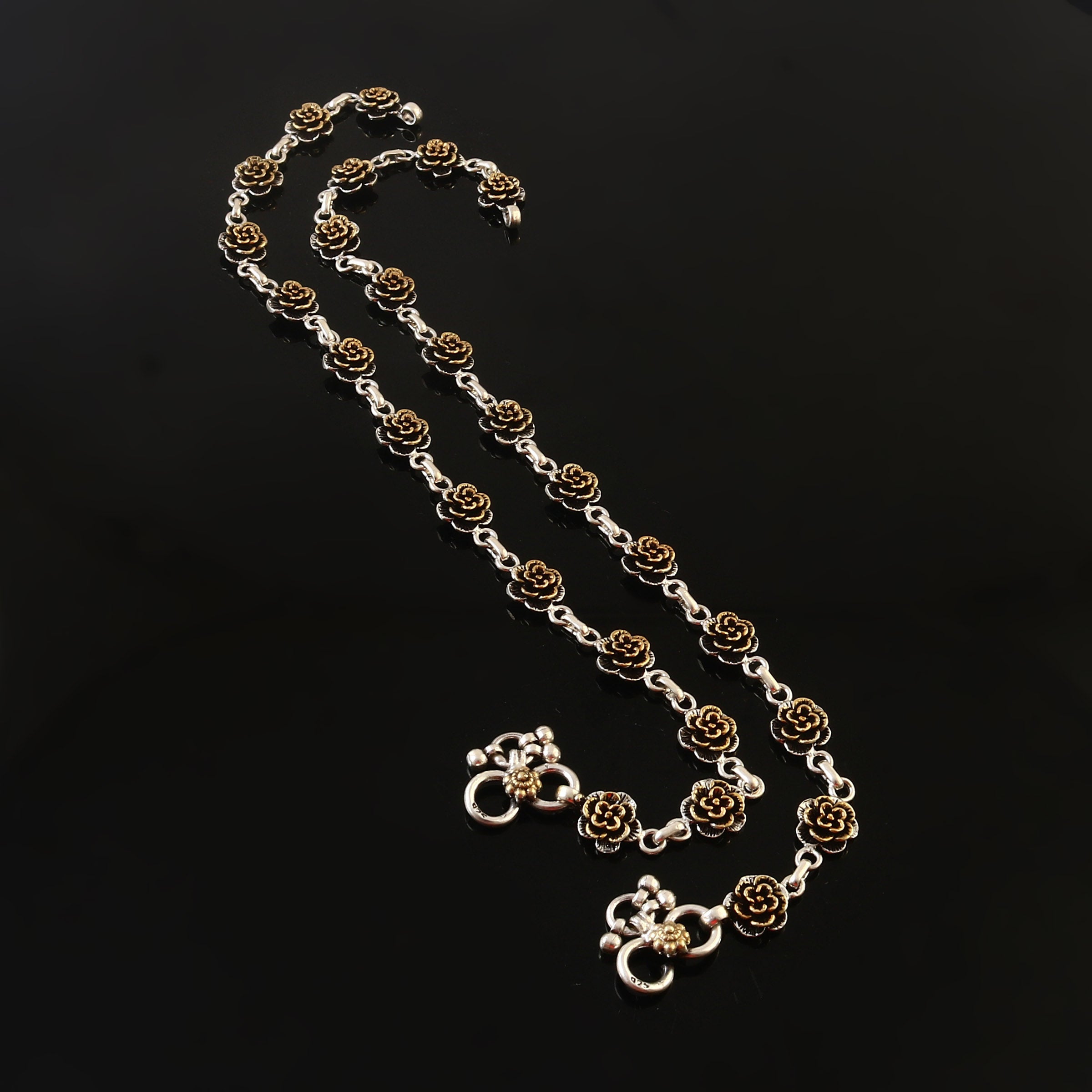 Oxidized 925 Two Tone Floral Anklets