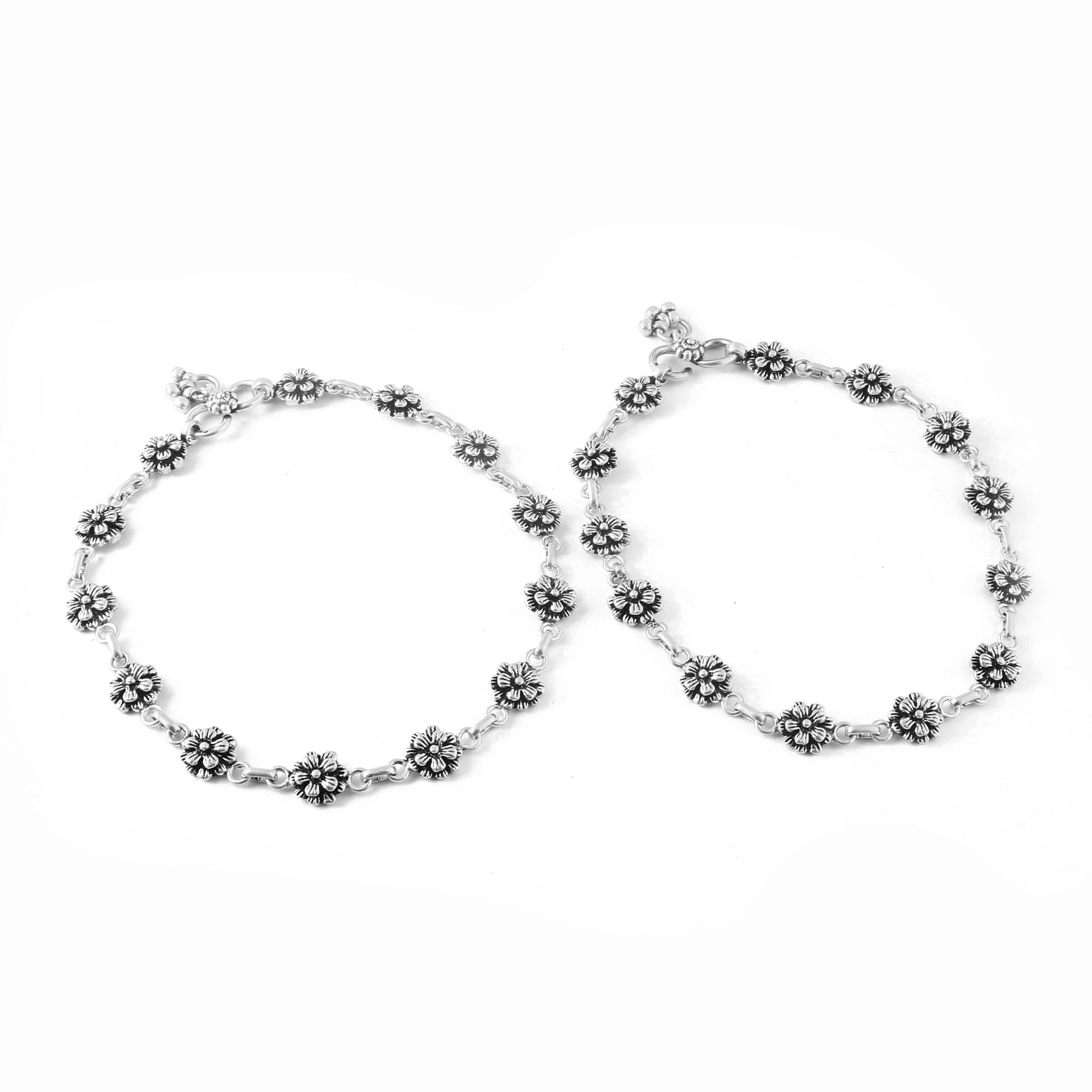 Oxidized 925 Silver Chail Chabili Floral Anklet