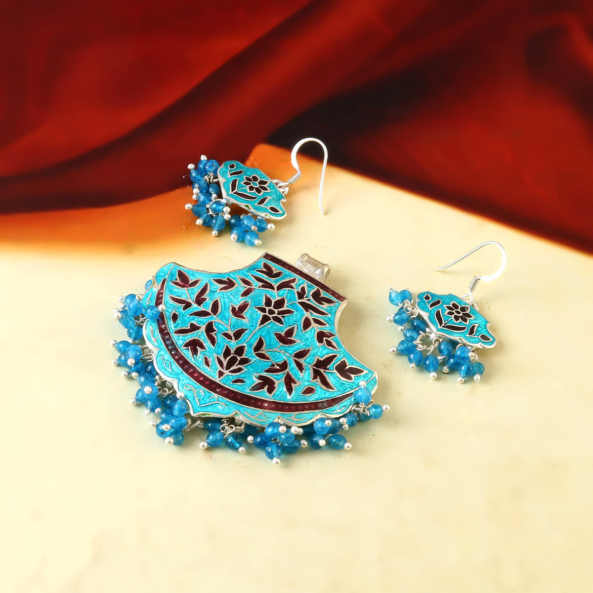 Meenakari 92.5 Silver Pendent Set with Polki