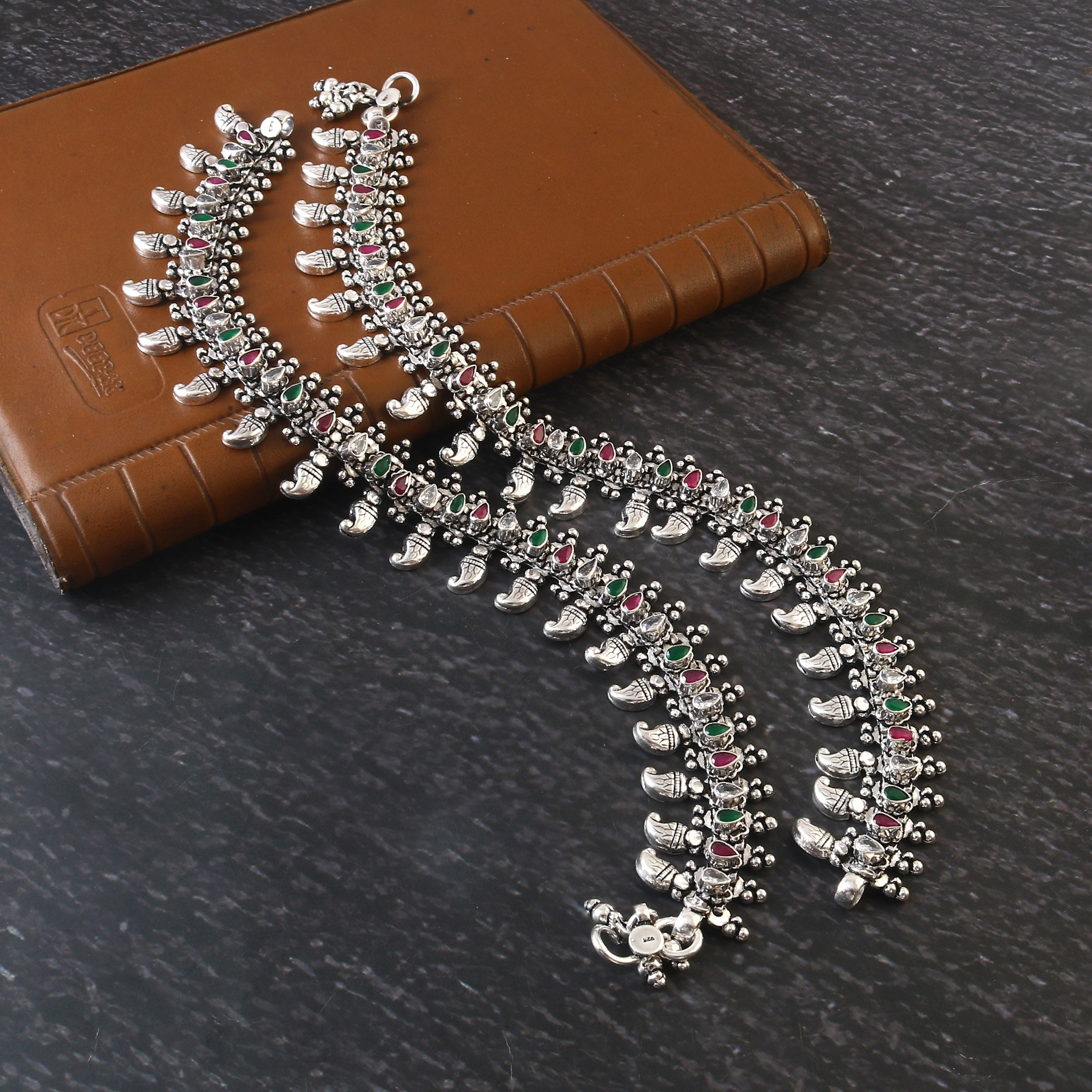 Oxidized 92.5 silver Lagan Anklets with Natural Stones