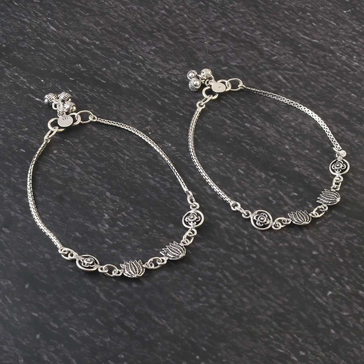 Oxidized 92.5 Silver Lotus Chail Chabili Anklets