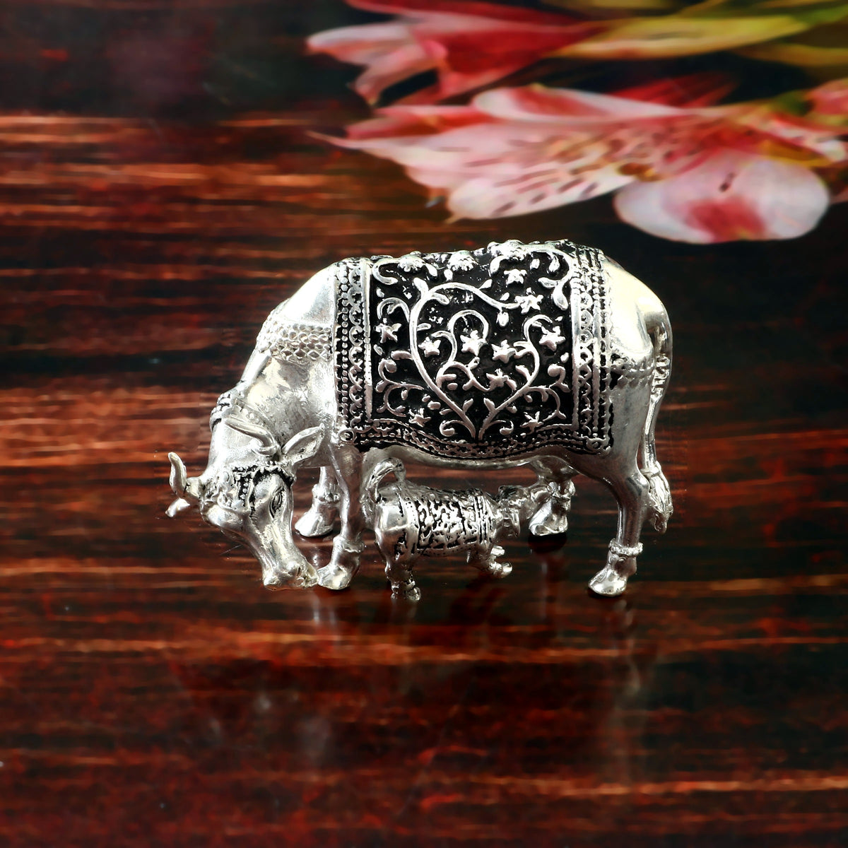 Oxidised 92.5 Silver 3D Solid Cow & Calf Statue