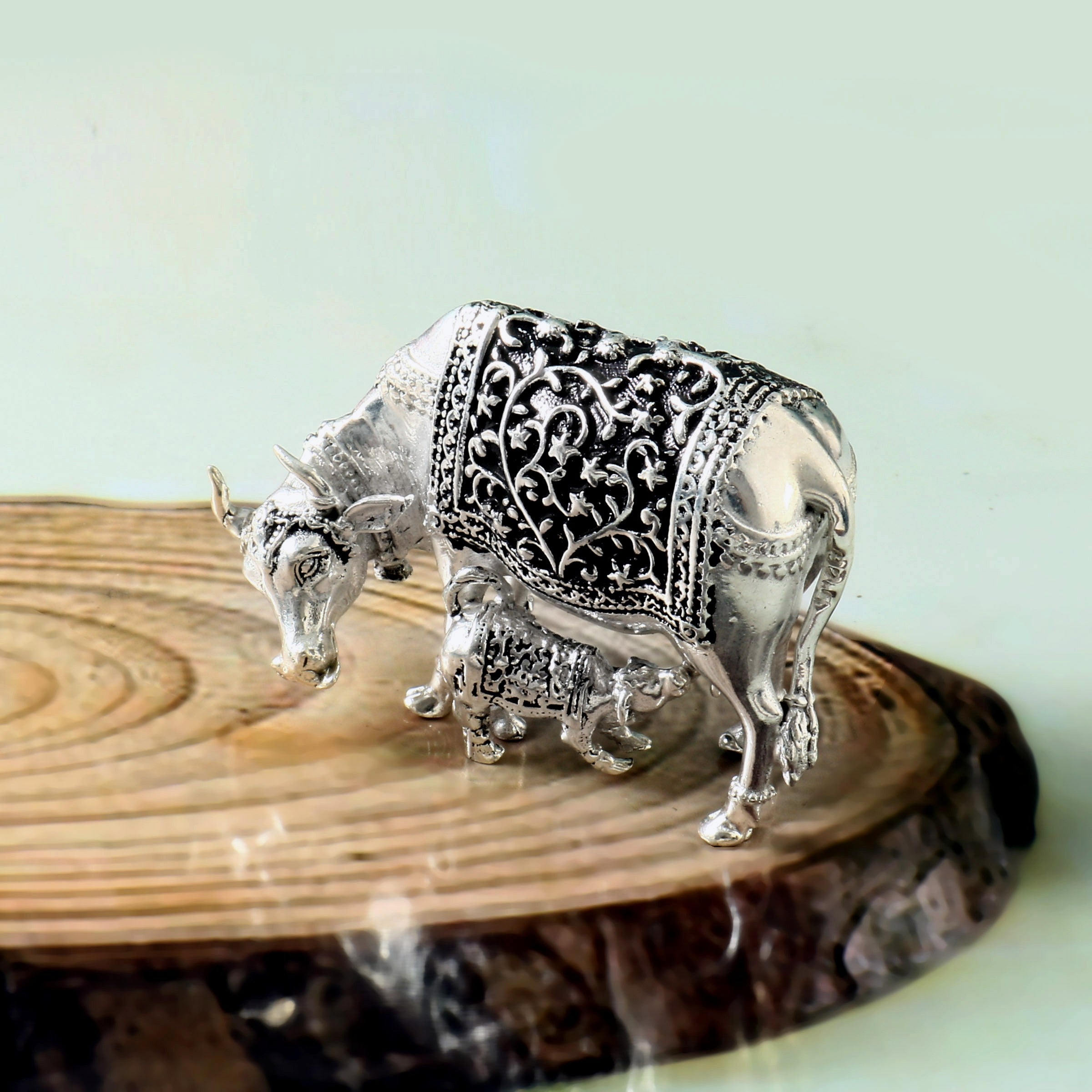 Oxidised 92.5 Silver 3D Solid Cow & Calf Statue